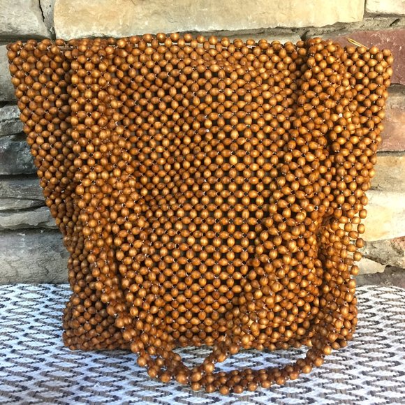 Vintage Handbags - Vintage Wood Beaded Purse Hippie 70s Boho Bag